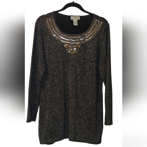 Once Again XL Black Top With Silver Metalic Thread, Beads/Sequin Neckline - Picture 1 of 5
